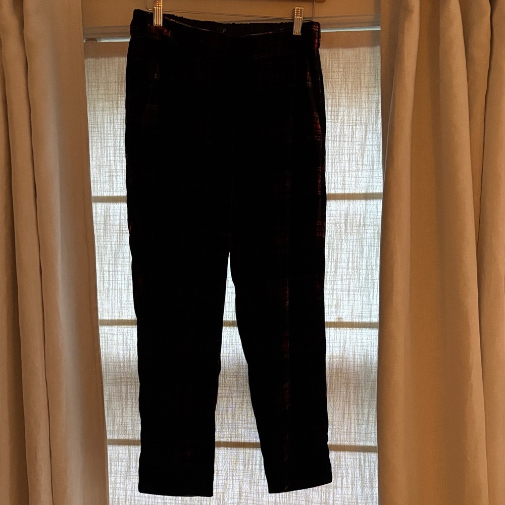 J Crew velvet holiday plaid pants.